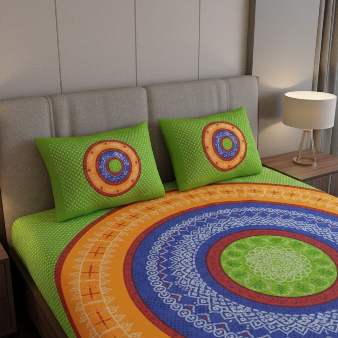 Double Bedsheet Green Base With Round Shape Bandhej Print